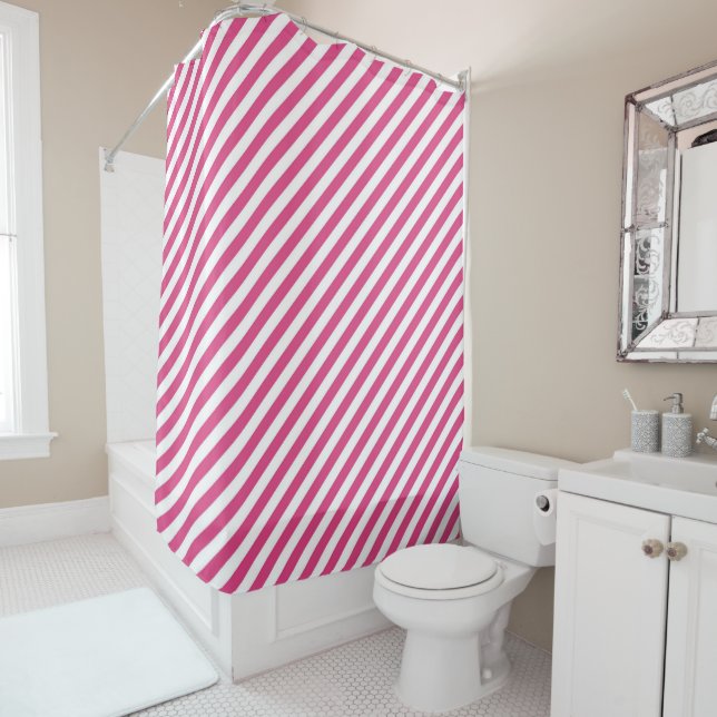 Diagonal pink and white stripes pattern shower curtain (In Situ)
