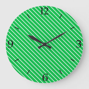 Diagonal pinstripes - emerald green and white large clock