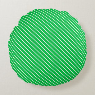 Diagonal pinstripes - emerald green and white round cushion