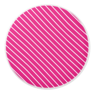 Diagonal pinstripes - fuchsia pink and white ceramic knob