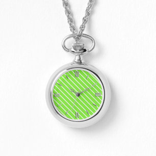 Diagonal pinstripes - lime green and white watch