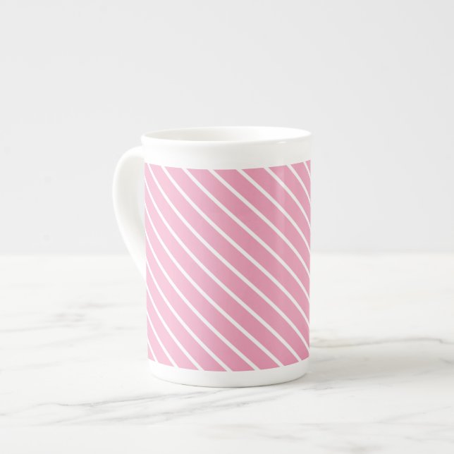 Diagonal pinstripes - shell pink and white bone china mug (Front Left)