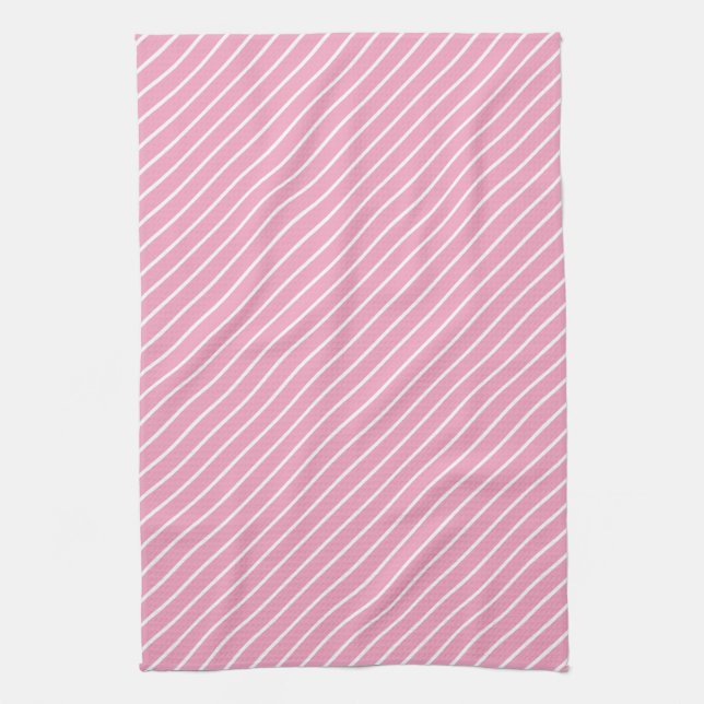 Diagonal pinstripes - shell pink and white tea towel (Vertical)