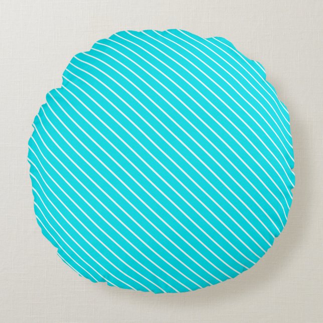Diagonal pinstripes - turquoise and white round cushion (Front)