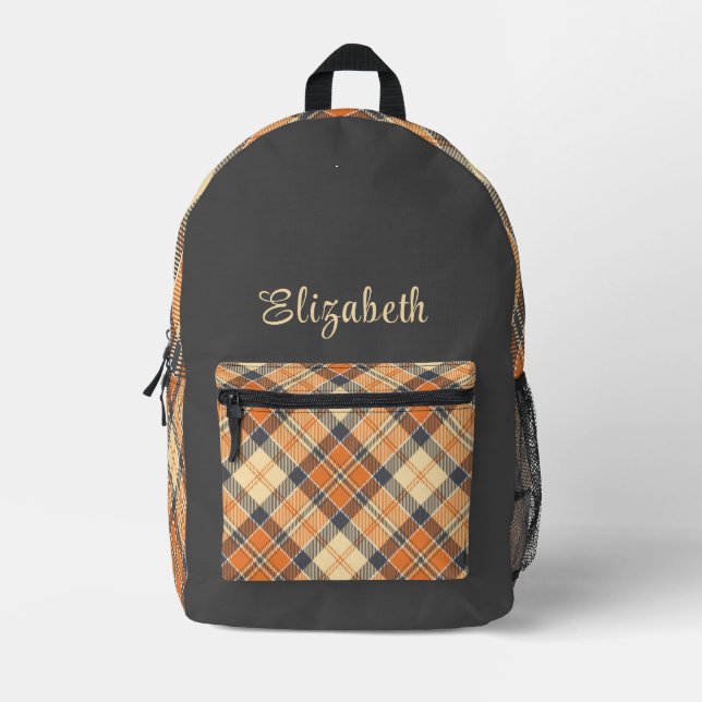 Diagonal Plaid - Orange Grey - Peach Text Printed Backpack (Front)