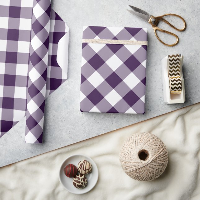 Diagonal Purple and White Buffalo Plaid Wrapping Paper (Crafts)