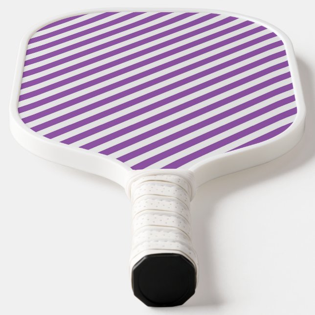 Diagonal purple and white stripes pattern pickleball paddle (Laydown)
