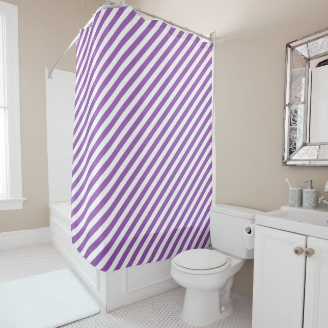 Diagonal purple and white stripes pattern shower curtain (In Situ)