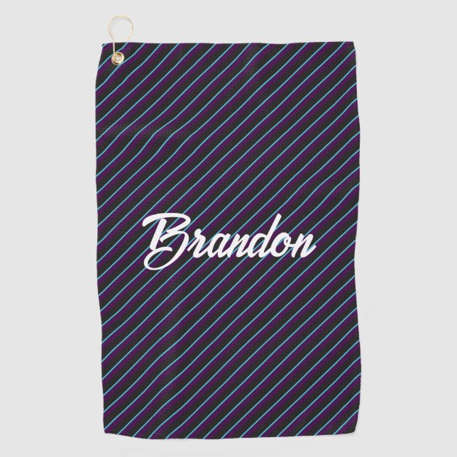 Diagonal purple, blue and black stripes golf towel (Front)