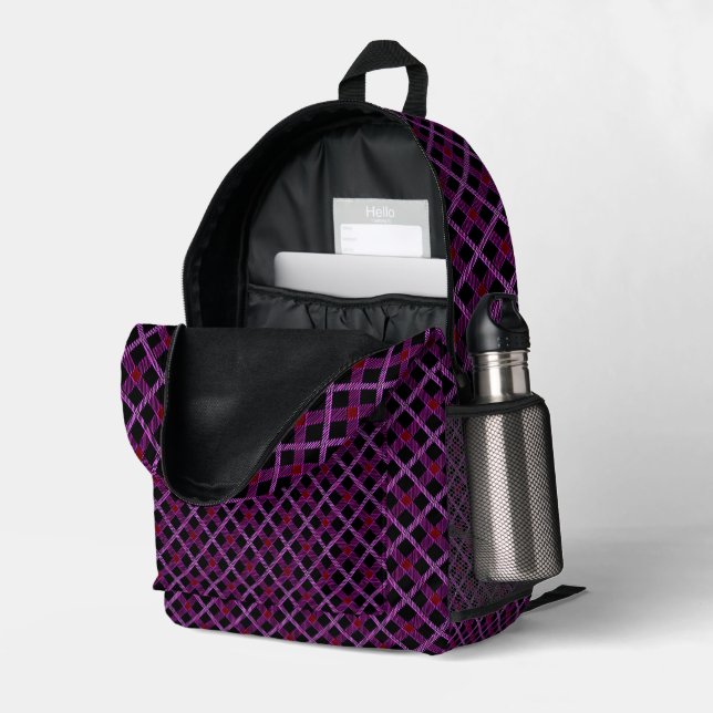 Diagonal Purple Plaid with Lavender and Plum  Printed Backpack (Back Corner Right (Open))