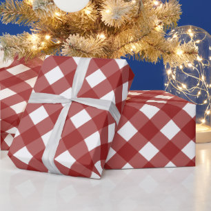 Diagonal Red and White Buffalo Plaid Wrapping Paper