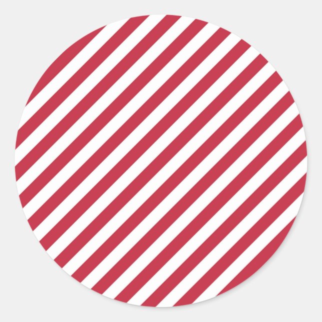 Diagonal red and white stripes pattern classic round sticker (Front)
