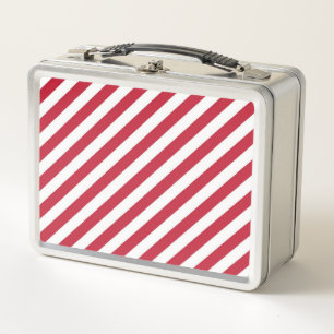 Diagonal red and white stripes pattern metal lunch box