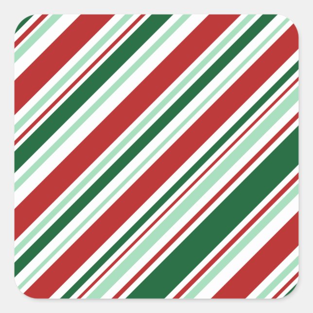 Diagonal Red, Green, White Candy Stripes Square Sticker (Front)