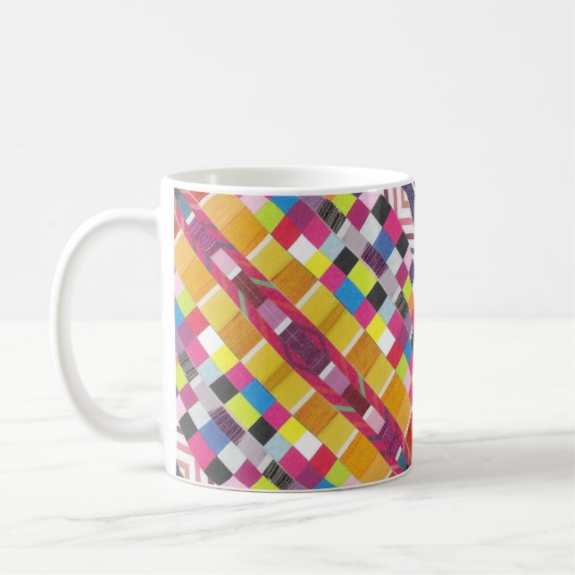 Diagonal Red Swatches and Colourful Pixels Mug (Left)