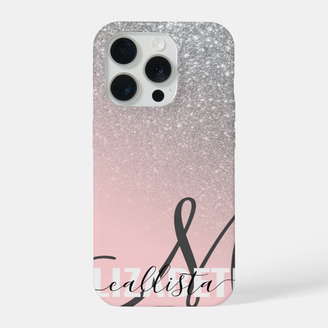 Diagonal Silver Blush Pink Ombre Gradient Monogram iPhone Case (Back)