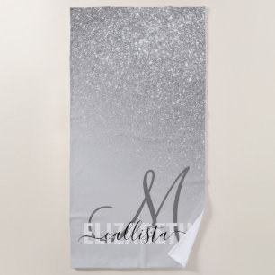Diagonal Silver Glitter Gradient Ombre Monogram Beach Towel
