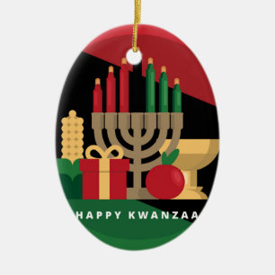 diagonal stripe Happy Kwanzaa Ceramic Tree Decoration