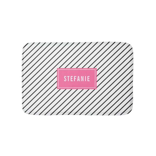 Diagonal Stripes Hot Pink Personalised Bath Mat (Front)