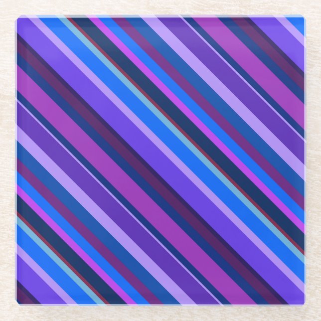 Diagonal stripes in blue and purple glass coaster (Front)