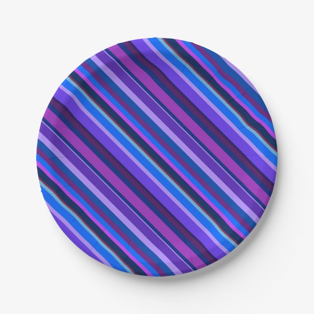 Diagonal stripes in blue and purple paper plate (Front)