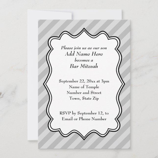 Diagonal Stripes in Grey Bar Mitzvah Invitation (Front)