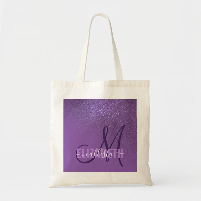 Diagonal Violet Purple Glitter Gradient Ombre Tote Bag (Front)