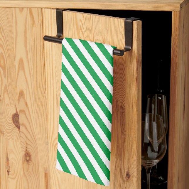 Diagonal White and Green Striped  Tea Towel (Thirds Fold)
