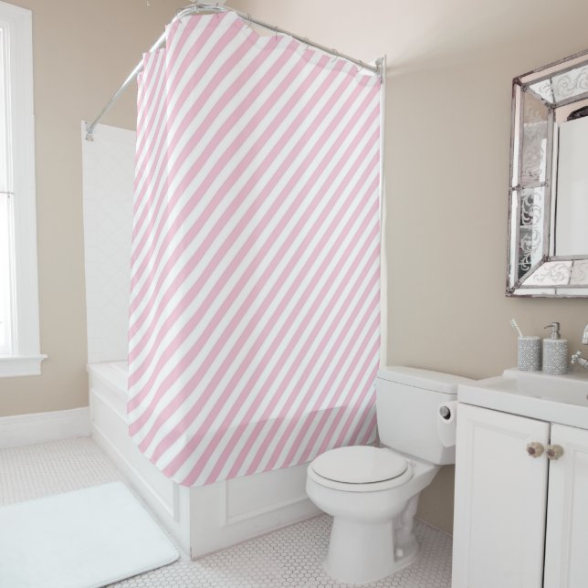 Diagonal white and pink stripes pattern shower curtain (In Situ)