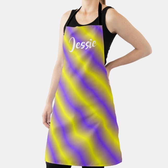 Diagonal yellow and purple stripes apron (Insitu)