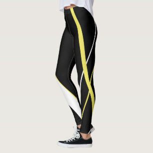 Diagonal Yellow Stripes Pattern Black and White Leggings