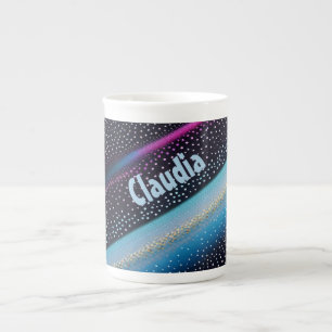Diagonale Streifen und Punkte Muster schwarz, blau Bone China Mug
