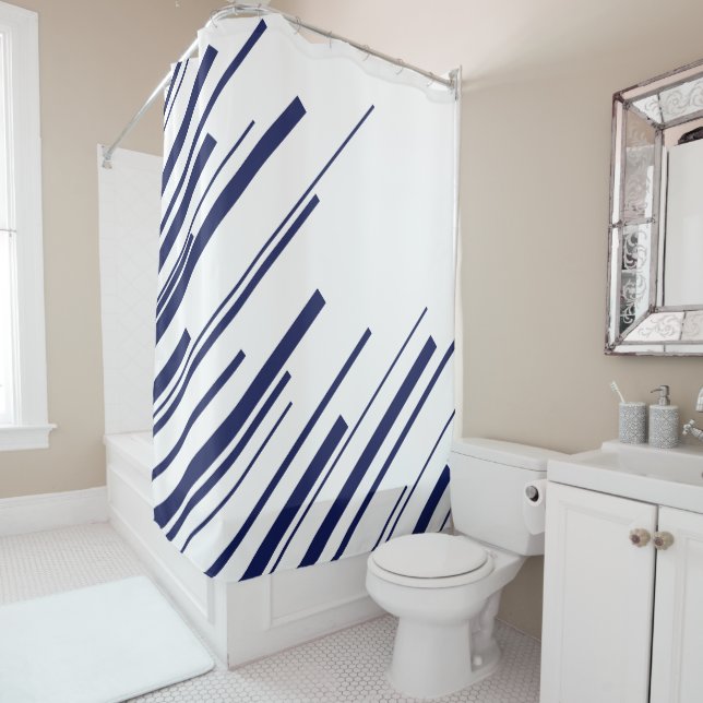 Diagonals in Blue and White Shower Curtain (In Situ)
