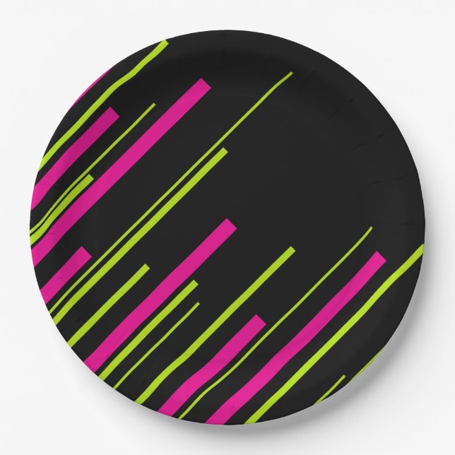 Diagonals in Lime Green, Hot Pink and Black Paper Plate (Front)