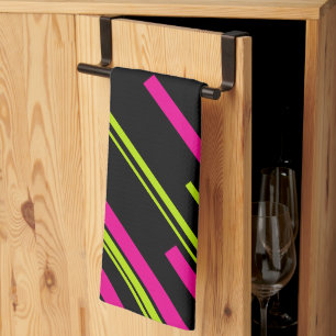 Diagonals in Lime Green, Hot Pink and Black Tea Towel