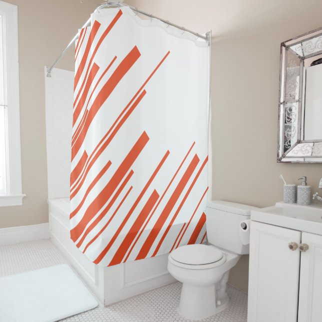 Diagonals in Orange and White Shower Curtain (In Situ)
