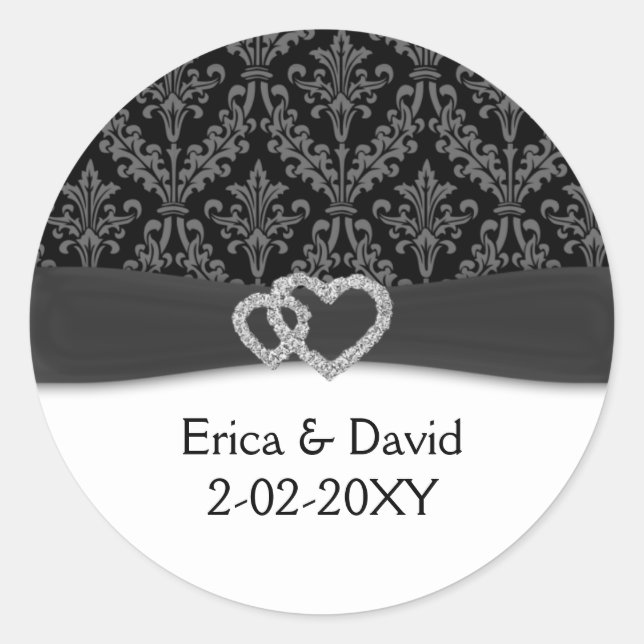 diamante damask charcoal wedding classic round sticker (Front)