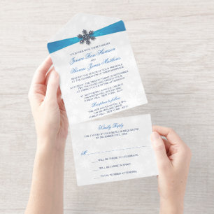 Diamante Snowflake & Blue Ribbon Winter Wedding All In One Invitation