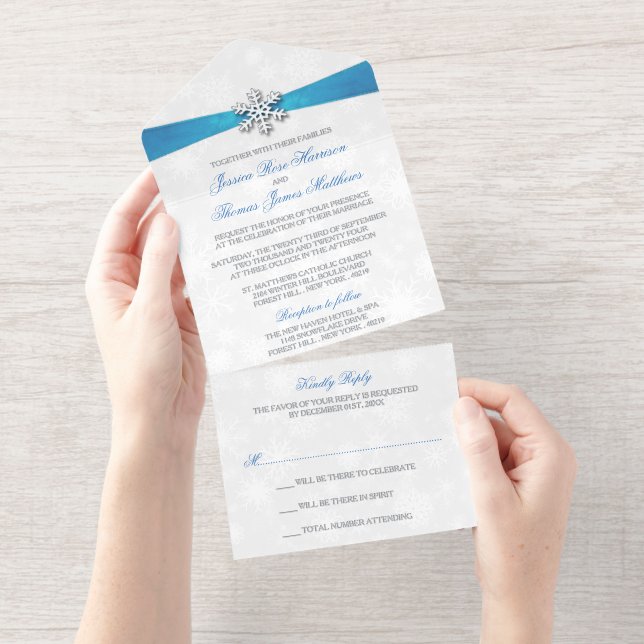 Diamante Snowflake & Blue Ribbon Winter Wedding All In One Invitation (Tearaway)