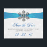 Diamante Snowflake & Blue Ribbon Winter Wedding Announcement Postcard<br><div class="desc">The diamante snowflake & blue ribbon wedding collection is perfect for any couple planning a romantic winter wedding celebration. The design features a light silvery grey and white snowflake textured background with a diamante snowflake on top of a silky looking ribbon. The wording incorporates the same silvery grey and blue...</div>