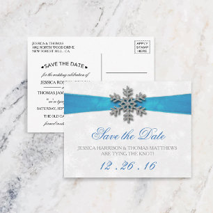 Diamante Snowflake & Blue Ribbon Winter Wedding Announcement Postcard