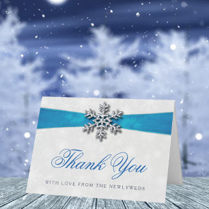 Diamante Snowflake & Blue Ribbon Winter Wedding Foil Greeting Card