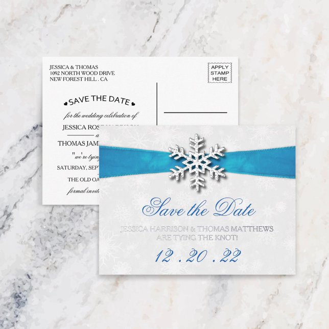 Diamante Snowflake & Blue Ribbon Winter Wedding Foil Invitation Postcard (Creator Uploaded)