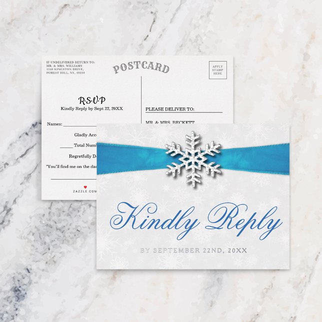 Diamante Snowflake & Blue Ribbon Winter Wedding Foil Invitation Postcard (Creator Uploaded)