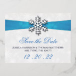 Diamante Snowflake & Blue Ribbon Winter Wedding Foil Invitation Postcard<br><div class="desc">Celebrate in style with these elegant winter wedding real foil pressed save the date postcards. This design is easy to personalise with your names and wedding date and your guests will be thrilled when they receive these fabulous postcards.</div>