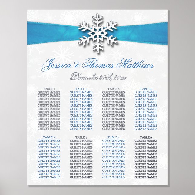 Diamante Snowflake & Blue Ribbon Winter Wedding Foil Prints (Front)