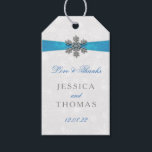 Diamante Snowflake & Blue Ribbon Winter Wedding Gift Tags<br><div class="desc">The diamante snowflake & blue ribbon wedding collection is perfect for any couple planning a romantic winter wedding celebration. The design features a light silvery grey and white snowflake textured background with a diamante snowflake on top of a silky looking ribbon. The wording incorporates the same silvery grey and blue...</div>