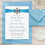Diamante Snowflake & Blue Ribbon Winter Wedding Invitation<br><div class="desc">The diamante snowflake & blue ribbon wedding collection is perfect for any couple planning a romantic winter wedding celebration. The design features a light silvery grey and white snowflake textured background with a diamante snowflake on top of a silky looking ribbon. The wording incorporates the same silvery grey and blue...</div>