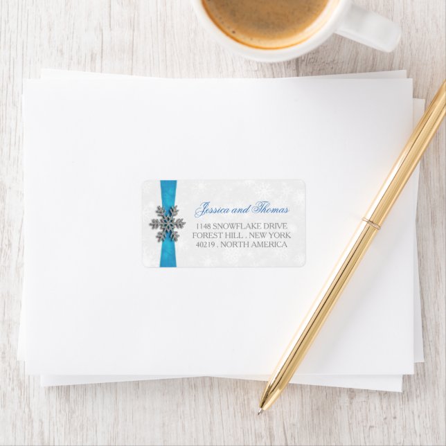 Diamante Snowflake & Blue Ribbon Winter Wedding Label (Insitu)