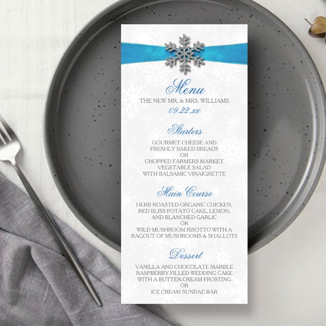 Diamante Snowflake & Blue Ribbon Winter Wedding Menu (Creator Uploaded)